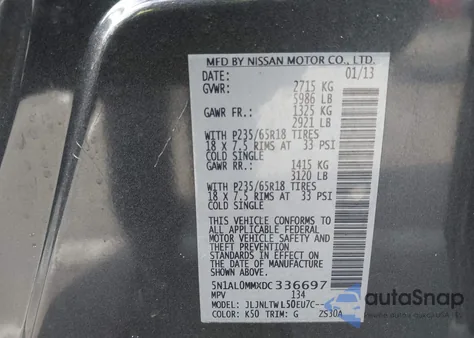 2013 Infiniti Jx35 z USA, uszkodzony, nr VIN 5N1AL0MMXDC336697